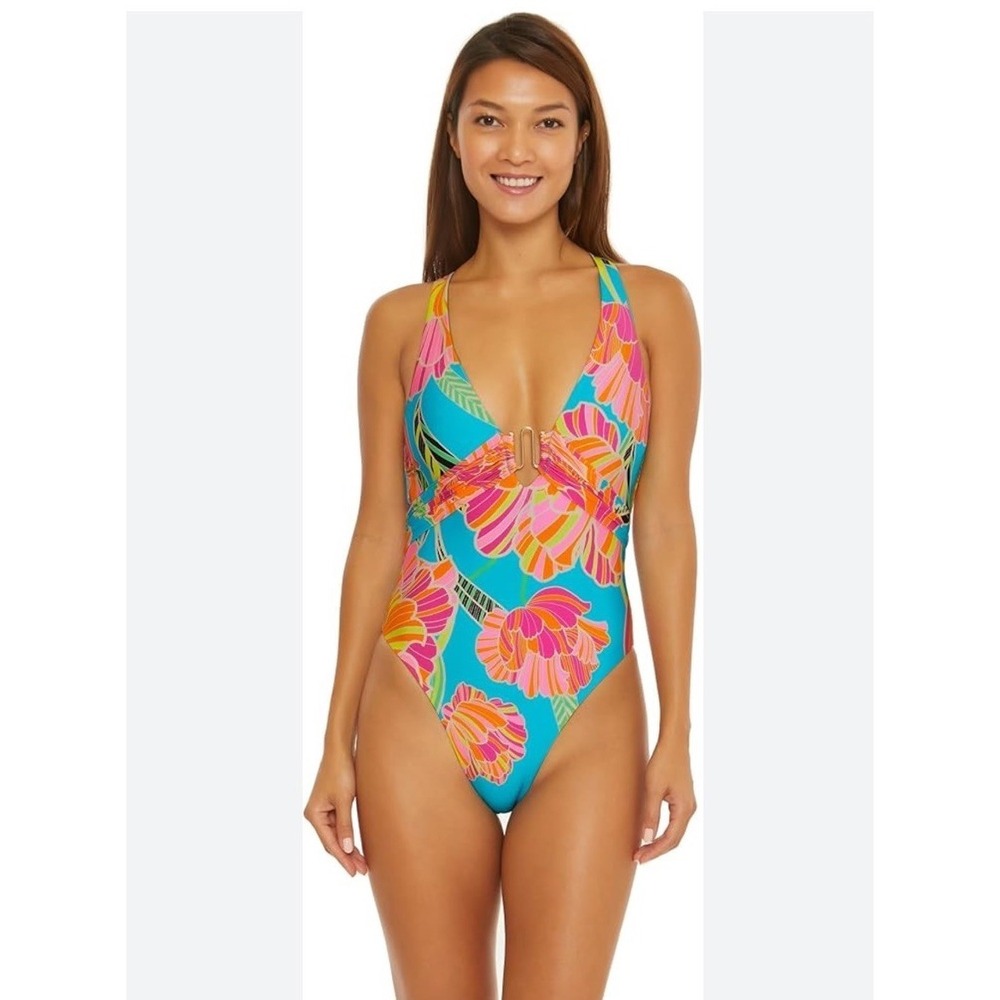 Trina Turk Poppy Belted Plunge One Piece Swimsuit Women's 12 NWT Tropical Beachy - Picture 8 of 15